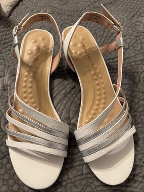 Walking Cradle Silver and White Strappy Mid‑Heel Sandals for Women